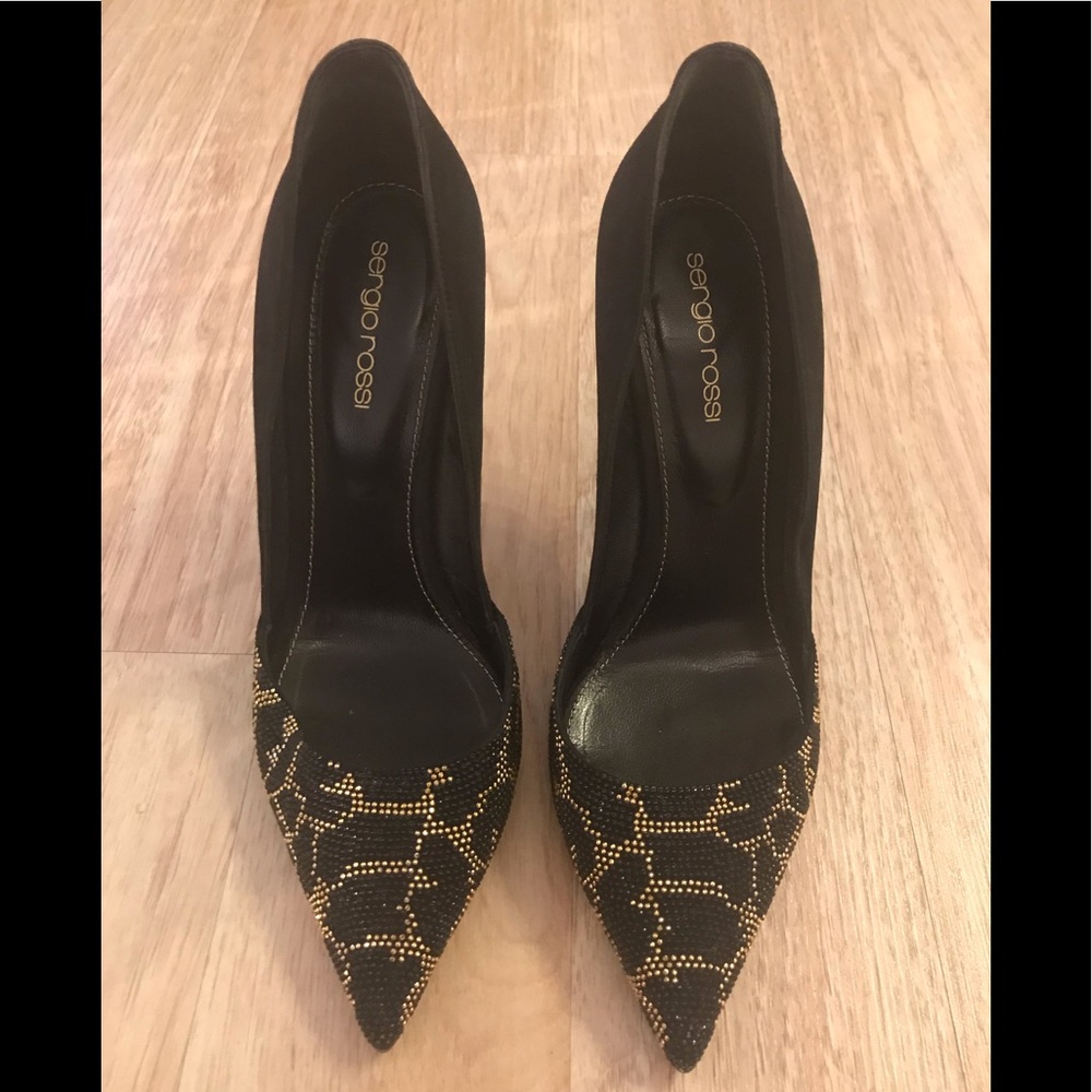 SERGIO ROSSI leopard stud black/gold pumps,size 38